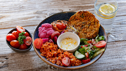 Vegan plate with millet cutlet, bulgur groats and vegetables