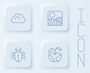 Set line Cloudy weather, Agriculture wheat field farm, Colorado beetle and Apple. White square button. Vector