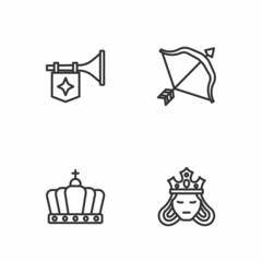 Set line Princess or queen, King crown, Trumpet with flag and Medieval bow and arrow icon. Vector