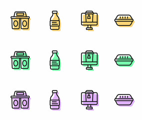 Set line Online ordering food, Coffee cup to go, Bottle water and Lunch box icon. Vector