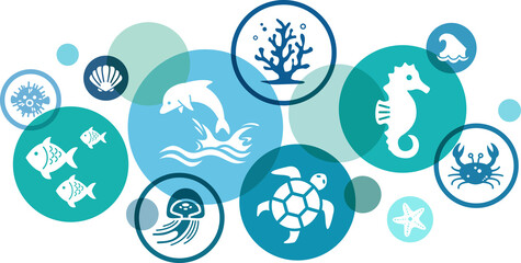 Marine life or ecosystem vector illustration. Concept with icons related to aquatic / ocean animals, undersea / underwater biodiversity & wildlife, reef animals.