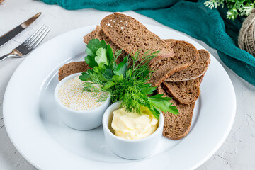 pike caviar with bread on white plate