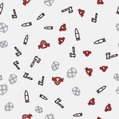 Set line Wooden axe, Bullet, Canteen water bottle and Deer antlers on shield on seamless pattern. Vector