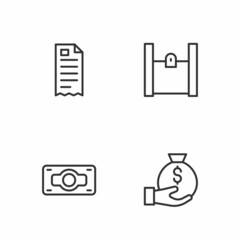 Set line Money bag, Stacks paper money cash, Financial check and Paper shopping icon. Vector