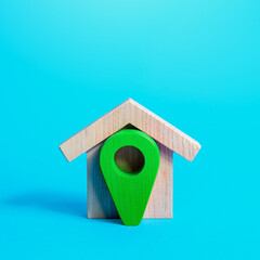 House and green location pin. Ecological housing, green technologies in building. Concept of finding a home to buy or rent. House moving company. Delivery place.