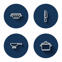 Set line Kitchen colander, Knife, Frying pan on fire and Cooking pot with long shadow. Blue circle button. Vector