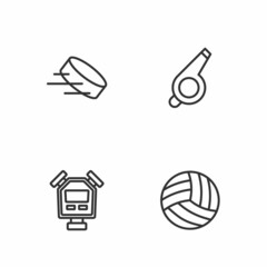 Set line Volleyball ball, Stopwatch, Hockey puck and Whistle icon. Vector