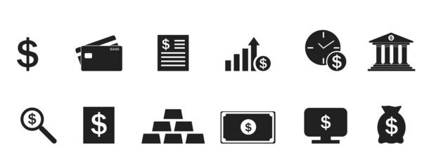 Flat vector icon set. Business icons. Dollar, bank, credit card, cash, money bag, piggy bank, investment, check, receipt, wallet, cash register. Vector illustration.