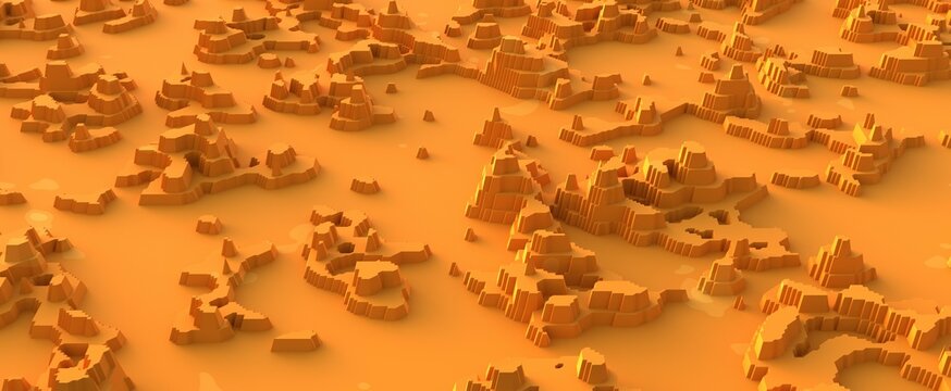 Desert mountain landscape cut out of paper. Yellow hot sandy surface with 3d render stone massifs and dried oases. Natural abstraction of canyons and scattered hills in desert