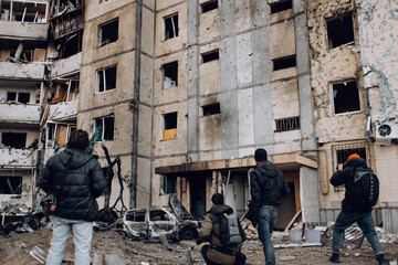 Mariupol, Ukraine - May 1, 2022: Russia's war in Ukraine. Damaged residential building