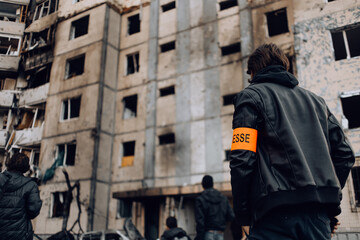 Mariupol, Ukraine - May 1, 2022: Russia's war in Ukraine. Damaged residential building