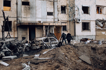 Mariupol, Ukraine - May 1, 2022: Russia's war in Ukraine. Damaged residential building - 500591523