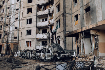 Fototapeta na wymiar Mariupol, Ukraine - May 1, 2022: Russia's war in Ukraine. Damaged residential building