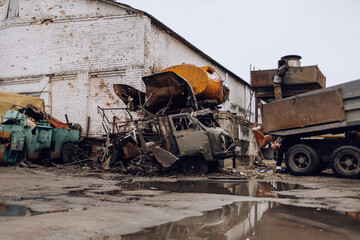 Fototapeta premium Bucha, Kyiv region, Ukraine - May 1, 2022: Russia's war in Ukraine. Damaged residential building
