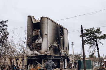 Bucha, Kyiv region, Ukraine - May 1, 2022: Russia's war in Ukraine. Damaged residential building