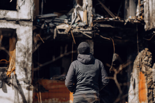 Mariupol, Ukraine - May 1, 2022: Russia's war in Ukraine. Damaged residential building