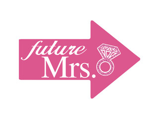 Hen Party Bachelorette vector element for cards, t-shirts, stickers, invitations. Pink arrow sign future Mrs. with ring with diamond and glitter. Photo booth prop stick.