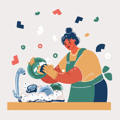 Vector illustration of woman washing dish at kitchen