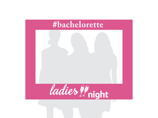 Hen Party Bachelorette vector element for cards, t-shirts, stickers, invitations. Pink photo booth frame with hashtag and text ladies hight with champagne glasses. Photo booth prop stick. © Крис Ландина