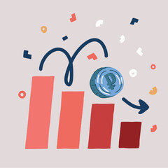 Vector illustration of Ruble coin falling Panic, financial economic crisis, savings, inflation and exchange rate concept.