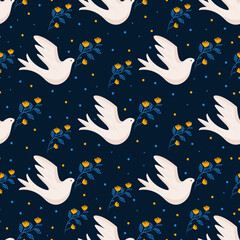 Seamless vector pattern with doves, plants, and feathers. Background with flying birds and plants in yellow and blue colors.