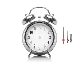 Alarm clock isolated on white background. Clock hands isolated on white background to display any time.