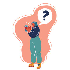 Vector illustration of woman with smartphone ask question online.