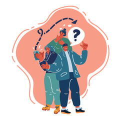Vector illustration of Young people together. Ask each other question mark. Man and woman with question, thinking guy