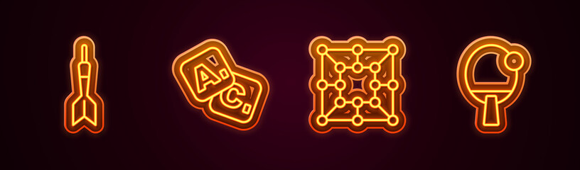 Set line Dart arrow, Bingo, Board game and Racket. Glowing neon icon. Vector