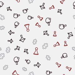 Set line Whirligig toy, Racket, Puzzle pieces and Chip for board game on seamless pattern. Vector