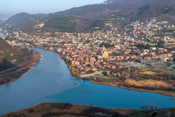 Panoramic view of the old city Mtskheta and Svetitskhoveli Cathedral, Mtskheta