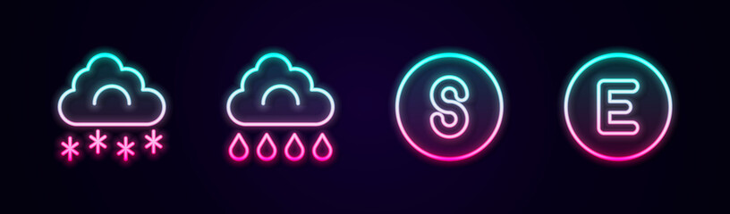 Set line Cloud with snow, rain, Compass south and west. Glowing neon icon. Vector