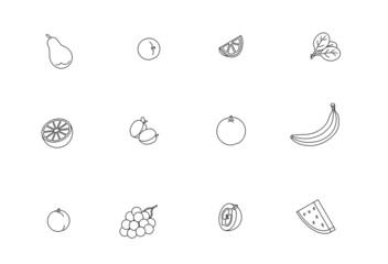 Vegetables, greens, fruits set. Isometric vector illustration in flat design. Outline, linear style, line art. Meal preparation.