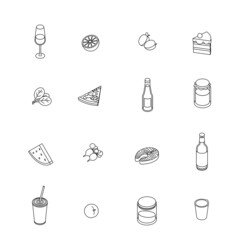 Food set - pizza, burger, sandwich, hot dog. Isometric vector illustration in flat design. Outline, linear style, line art. Meal preparation.