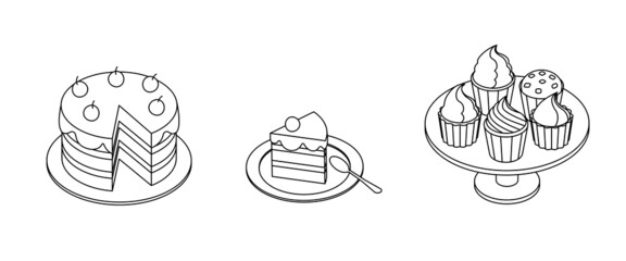 Food set - cake, cupcake. Isometric vector illustration in flat design. Outline, linear style, line art. Meal preparation.