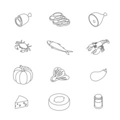 Food set - vegetables, greens, dairy, meat, fruit, fish, drink, meal, dish. Isometric vector illustration in flat design. Outline, linear style, line art. Meal preparation.