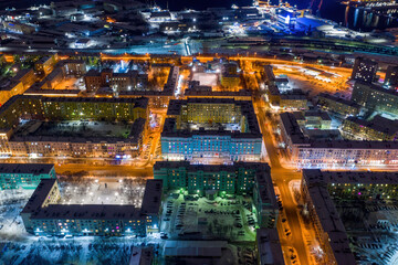 Aerial view of the town on polar night. Murmansk, Russia.