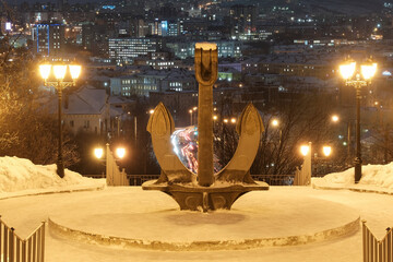 View of the town and the Anchor on polar night. Murmansk, Russia.