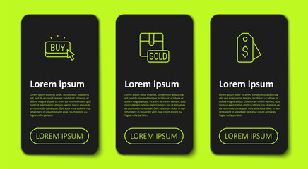 Set line Buy button, Sold and Price tag with dollar. Business infographic template. Vector