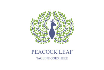 Peacock Peafowl Bird with Fresh Green Leaf Leaves Foliage Logo Design Vector