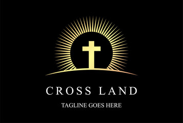 Obraz premium Golden Sun Sunset Sunrise with Jesus Christian Cross for Church Chapel Logo Design Vector