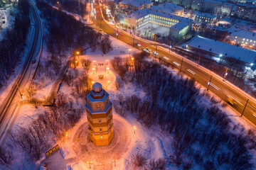 Aerial view of monument to the lost sailors on short winter day. Murmansk, Russia.