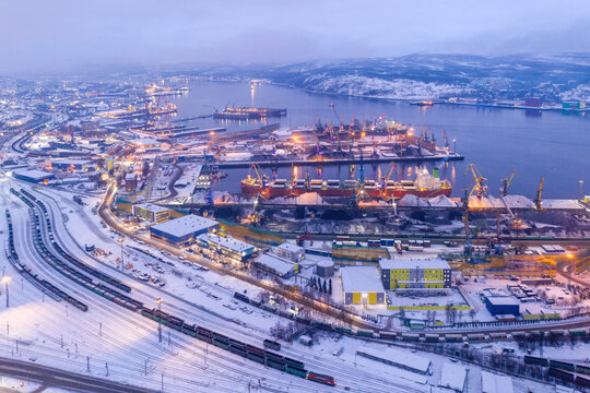 Aerial view of Murmansk and Sea port on short winter day. Murmansk Oblast, Russia.