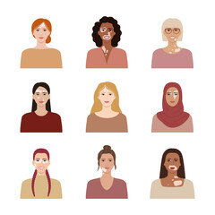 Set of female faces with vitiligo. Portraits with different ethnics, skin colors, hairstyles for avatars in social networks. Vitiligo skin disease, body positive concept. Flat vector illustration