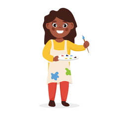 Artist girl. Cute girl painter with palette and brush in hands. Cartoon vector illustration.	