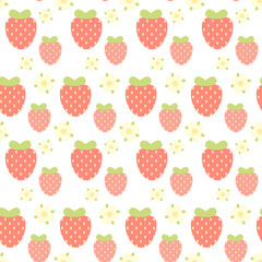 Seamless pattern, strawberries with flowers on a white background. Simple flat style illustration. Vector for fabric, paper and other design.