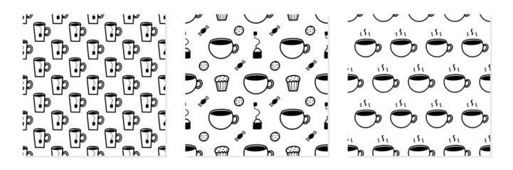 Set, collection of three vector seamless pattern backgrounds with black and white doodle tea cups, coffee and sweets. Tea party patterns.
