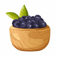 Blueberries in a wooden deep bowl or plate, vector illustration of juicy ripe summer berries on an isolated transparent background