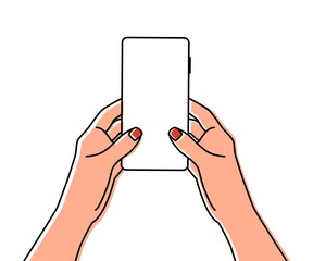 Female hands holding mobile phone hand drawn with thin line