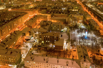 Aerial view of Murmansk and Square of Captains on polar night. Murmansk Oblast, Russia.